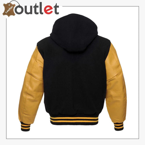 Black and gold hoodie letterman jacket, back view showing hood