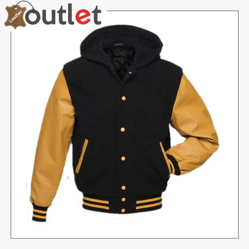Black and gold hooded varsity jacket, front view