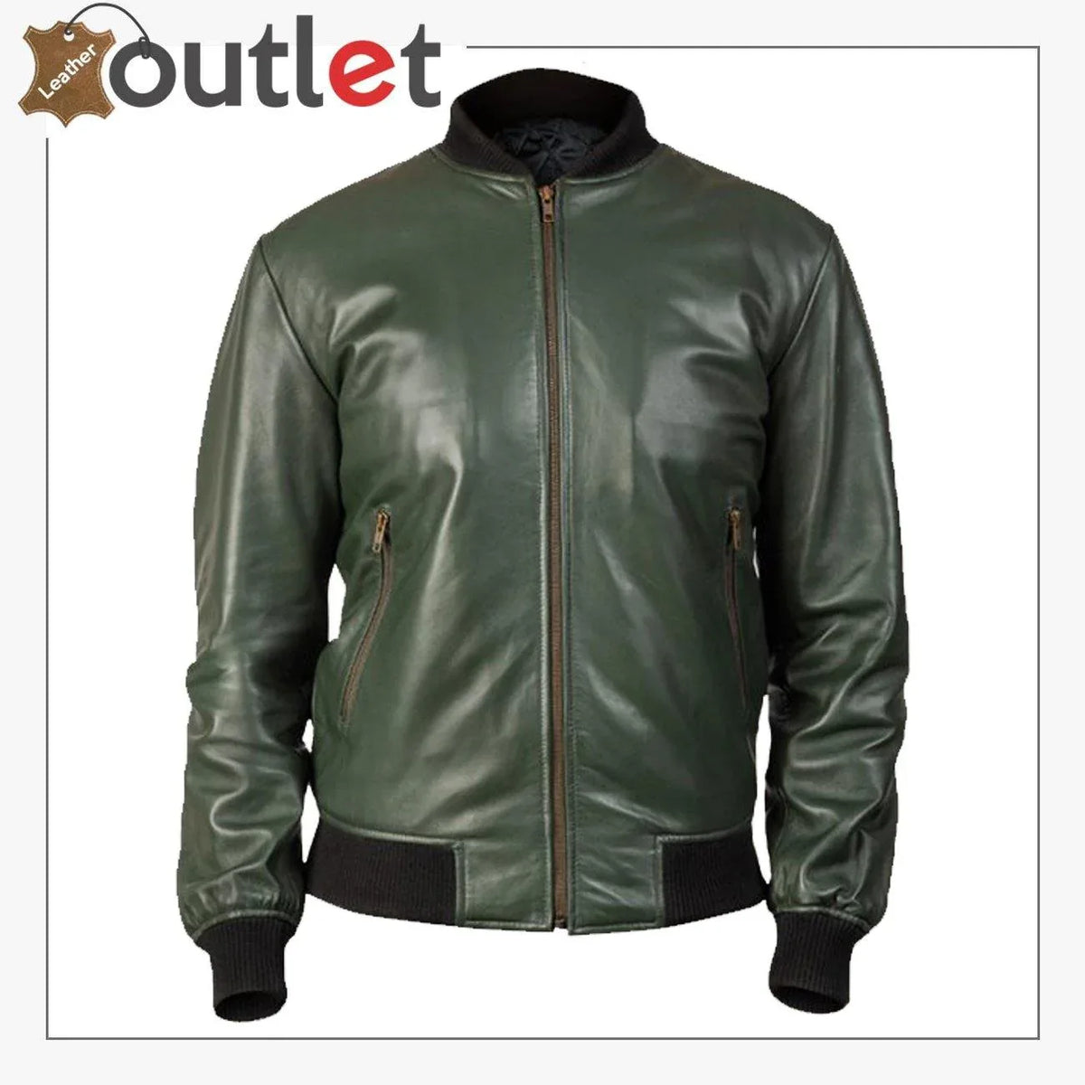 Men glossy green leather bomber jacket, front view