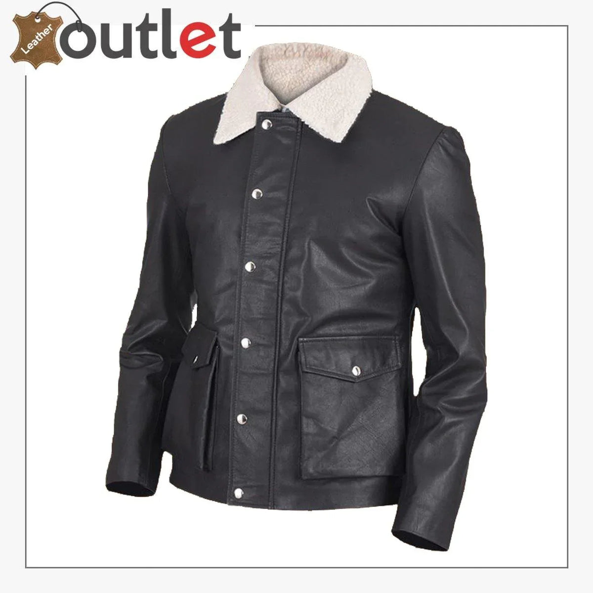Men black button front shearling leather jacket, front view