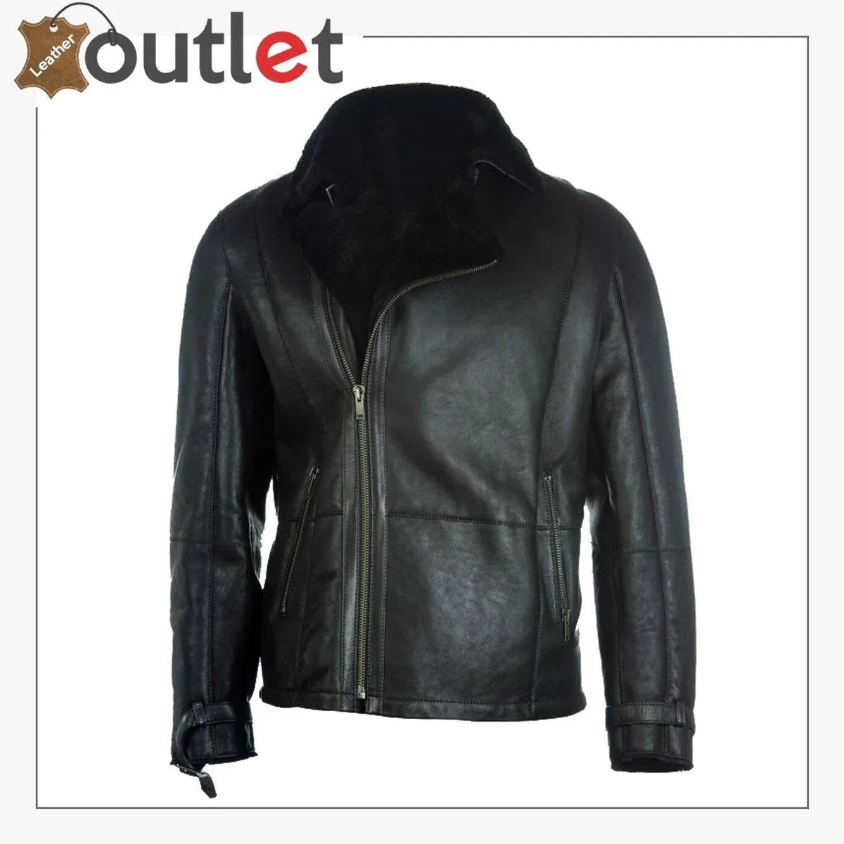Men pure black B3 shearling jacket with cream fleece collar, front view