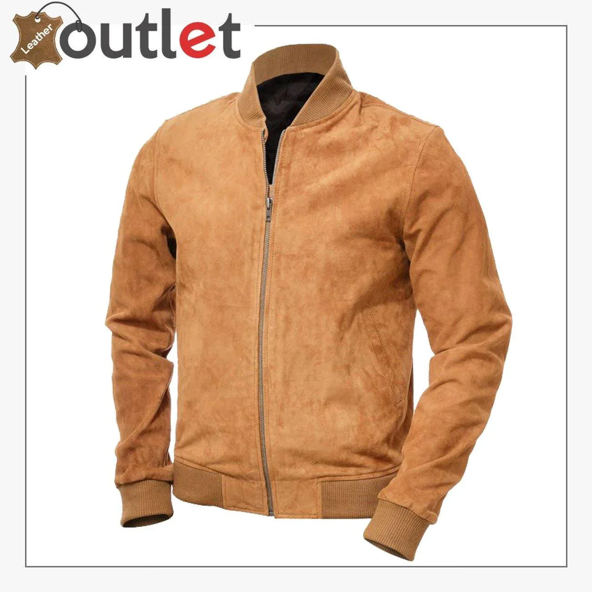Men tan suede bomber jacket, front view