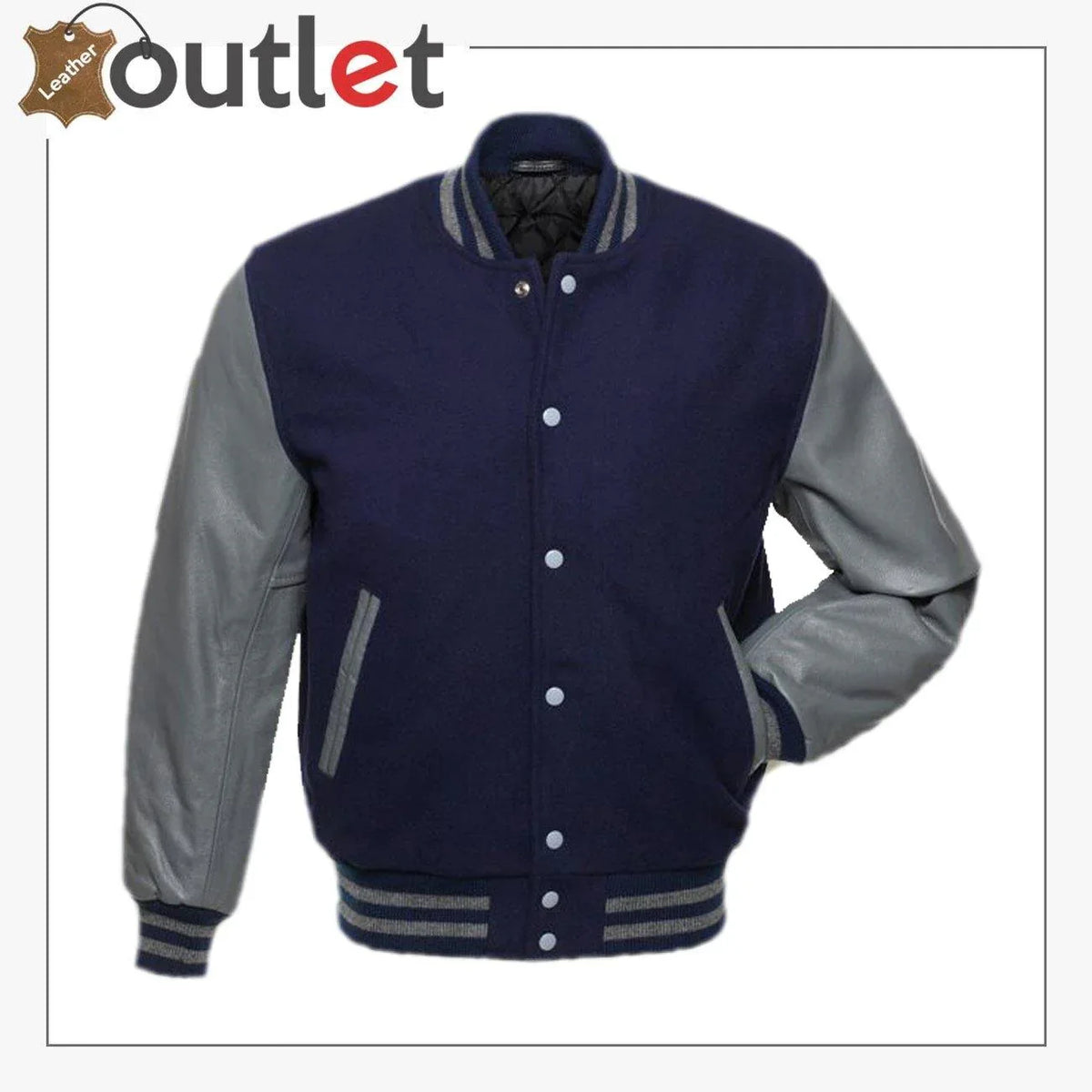 Dark blue varsity jacket, front view with snap front