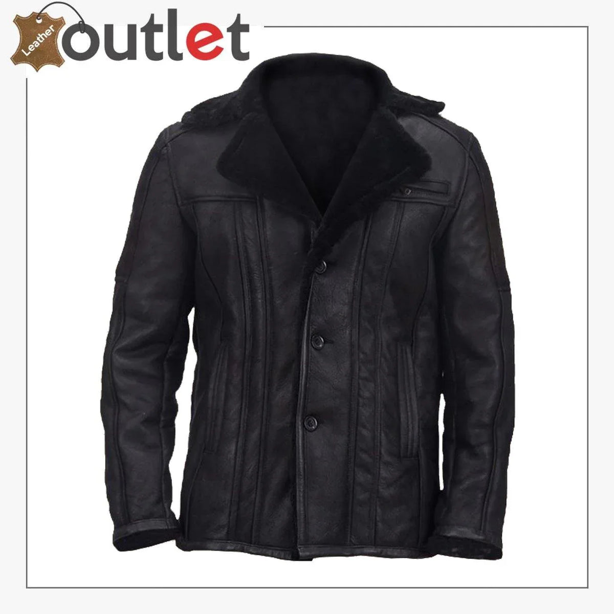 Men black shearling biker jacket, front view