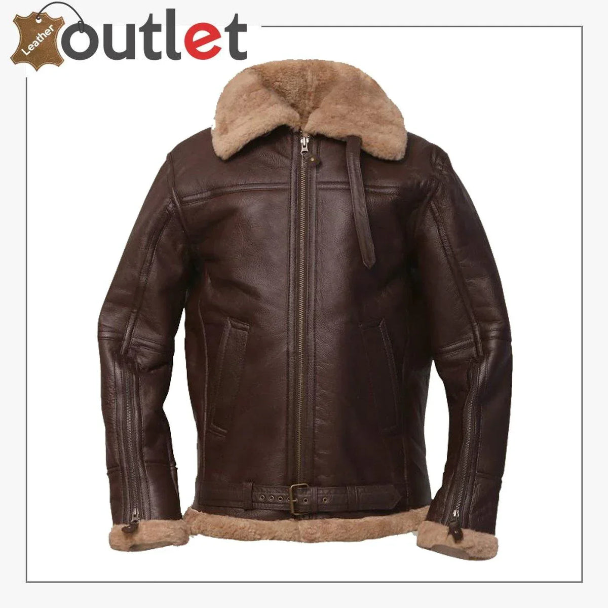 Men brown sheepskin shearling leather jacket, front view