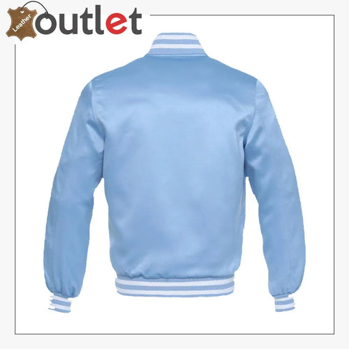 Blue satin letterman jacket, back view with ribbed hem