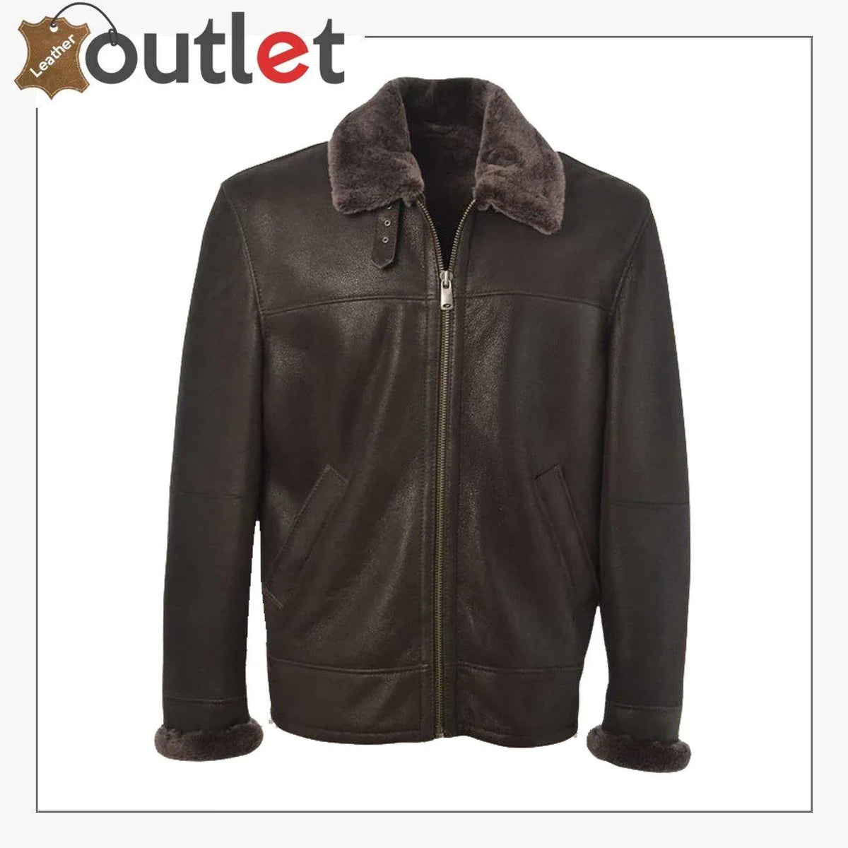 Men black shearling leather jacket, front view