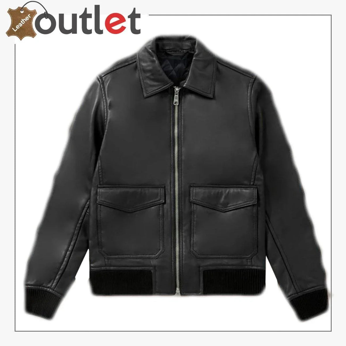 Men biker bomber leather jacket in black, front view