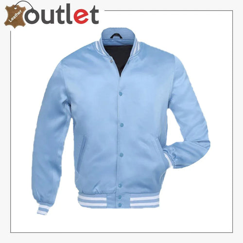 Blue satin varsity baseball jacket, front view with snap front