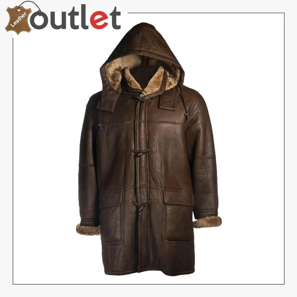 Men brown shearling hooded coat, front view with hood