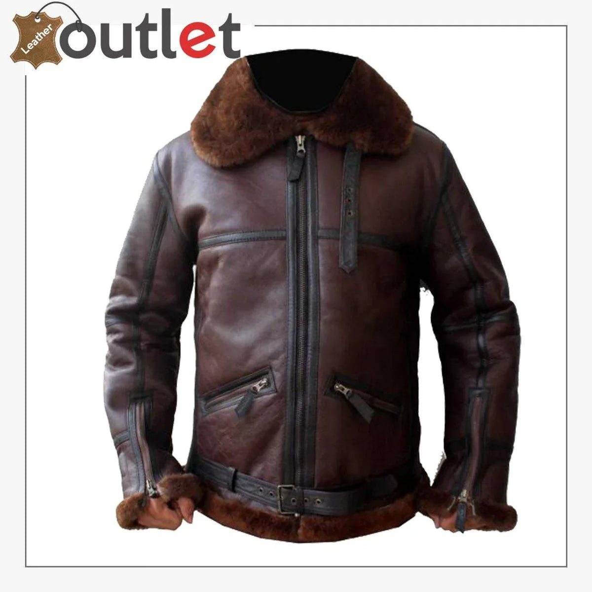 Men aviator bomber leather jacket in brown, front view