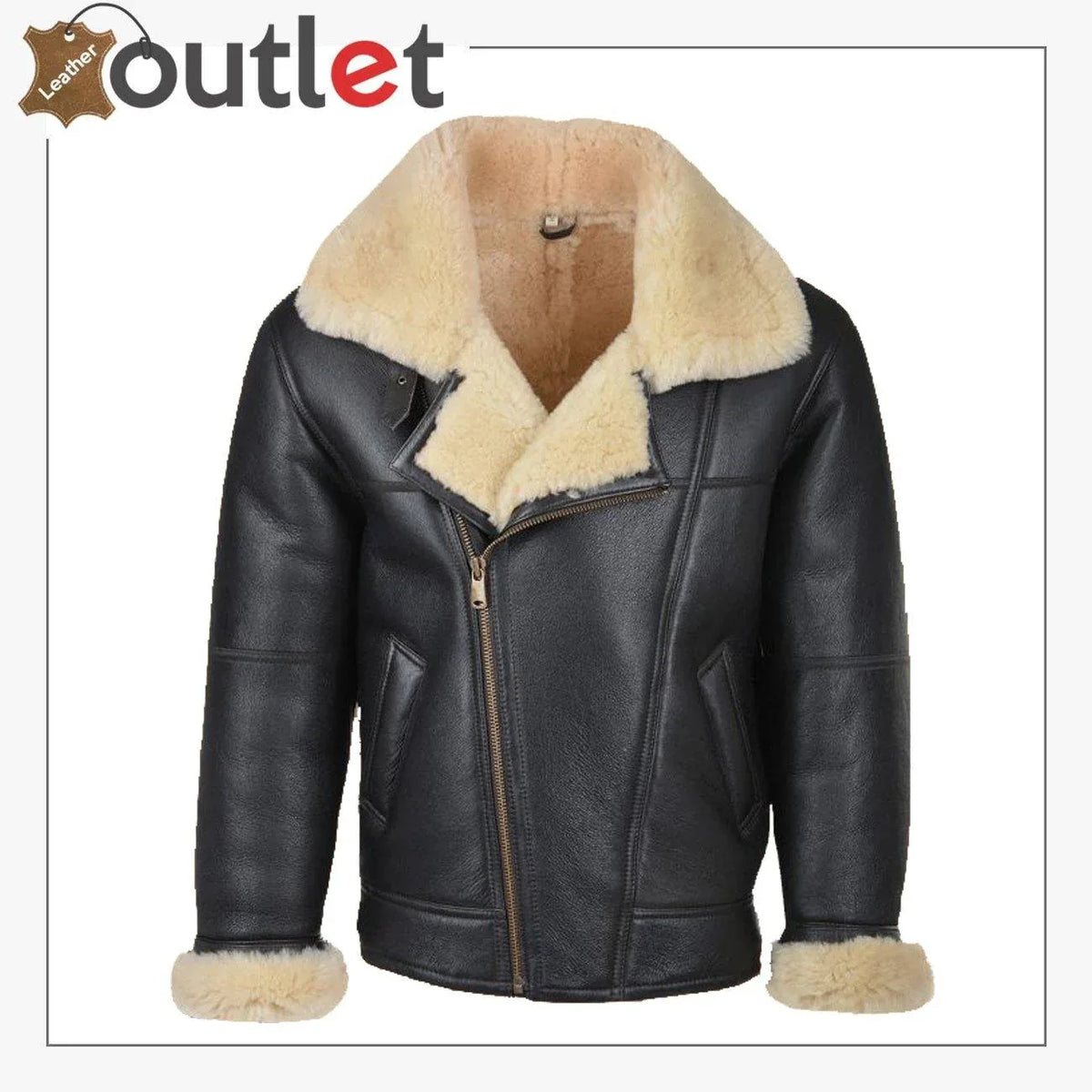 Men black B3 shearling leather jacket, front view with collar straps