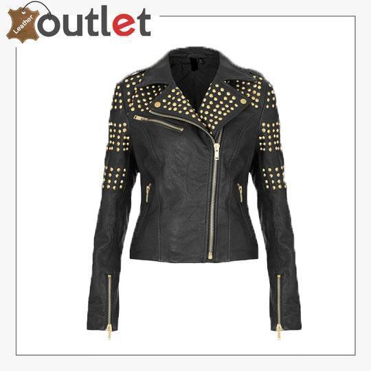 Handcrafted black leather jacket with gold tone half studding on shoulders