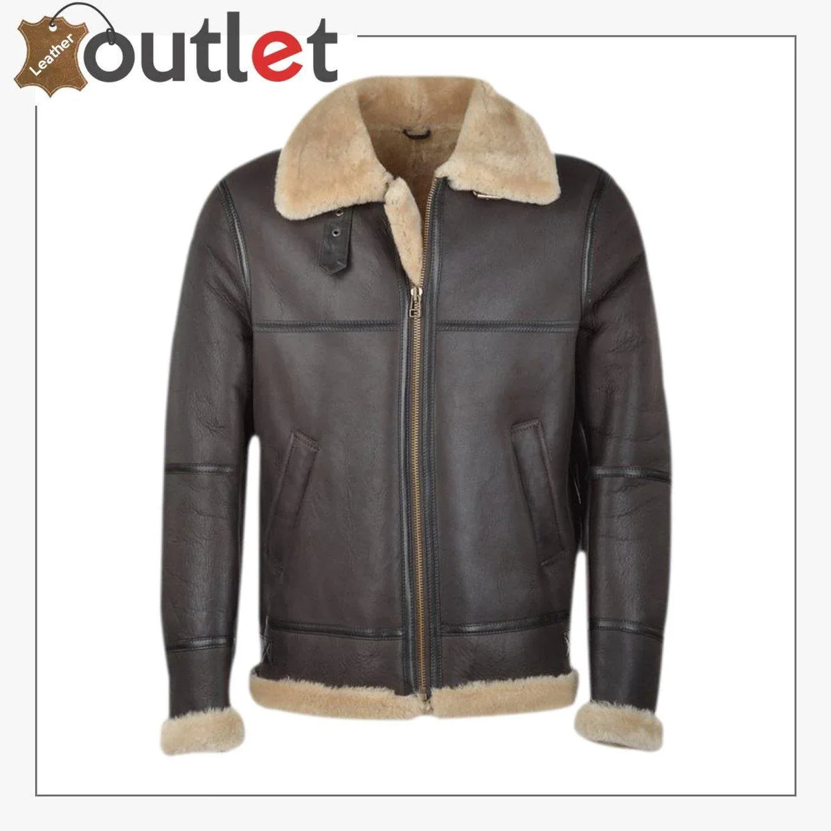 Men dark brown RAF style shearling flying jacket, front view