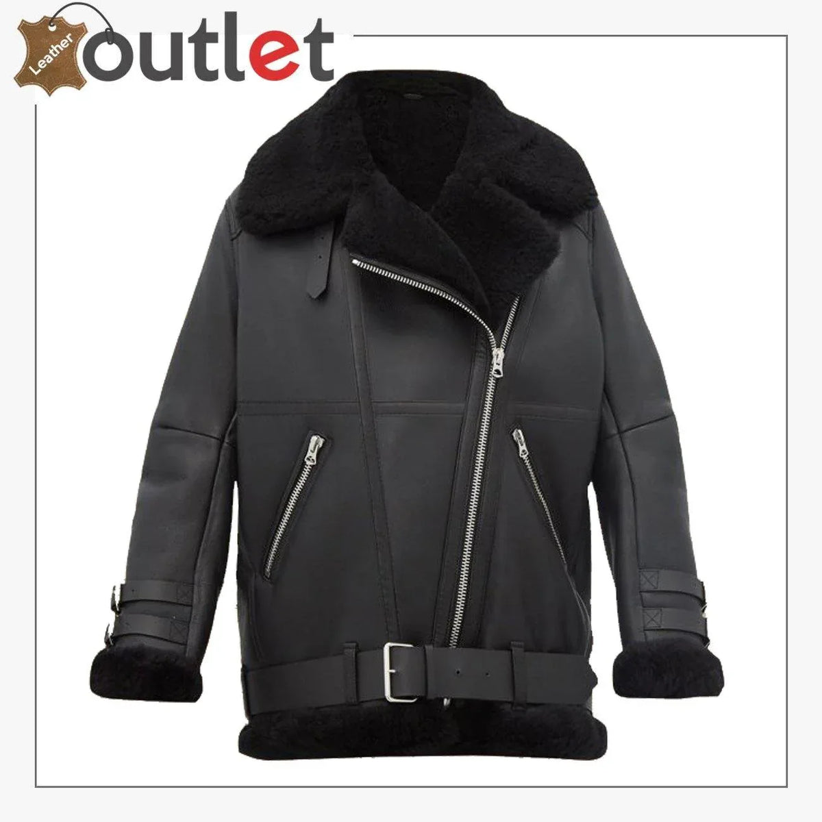 Women pitch black B3 shearling jacket with cream fleece collar, front view
