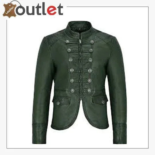 Green military parade style real leather jacket for men with high collar