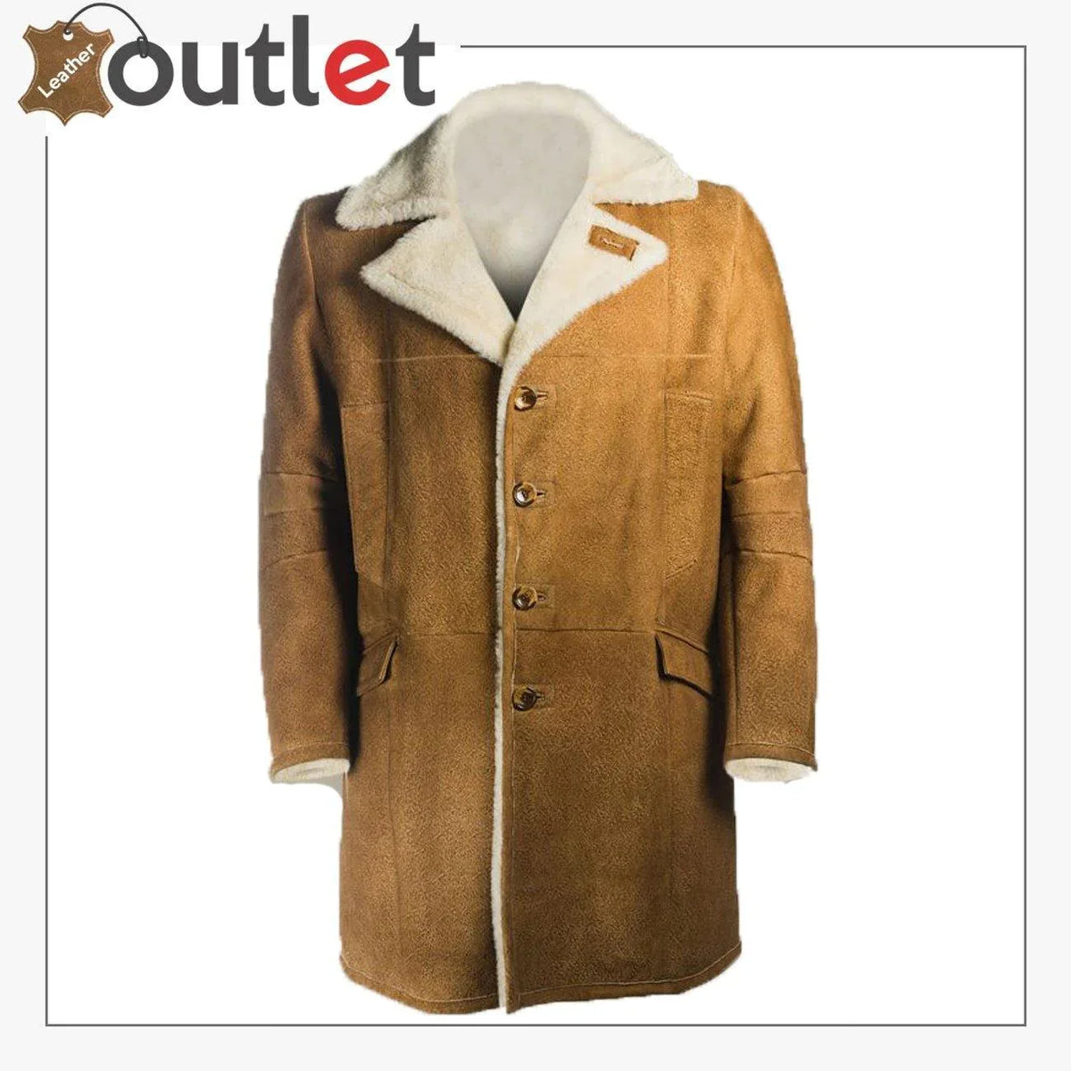 Men brown distressed shearling long coat, front view