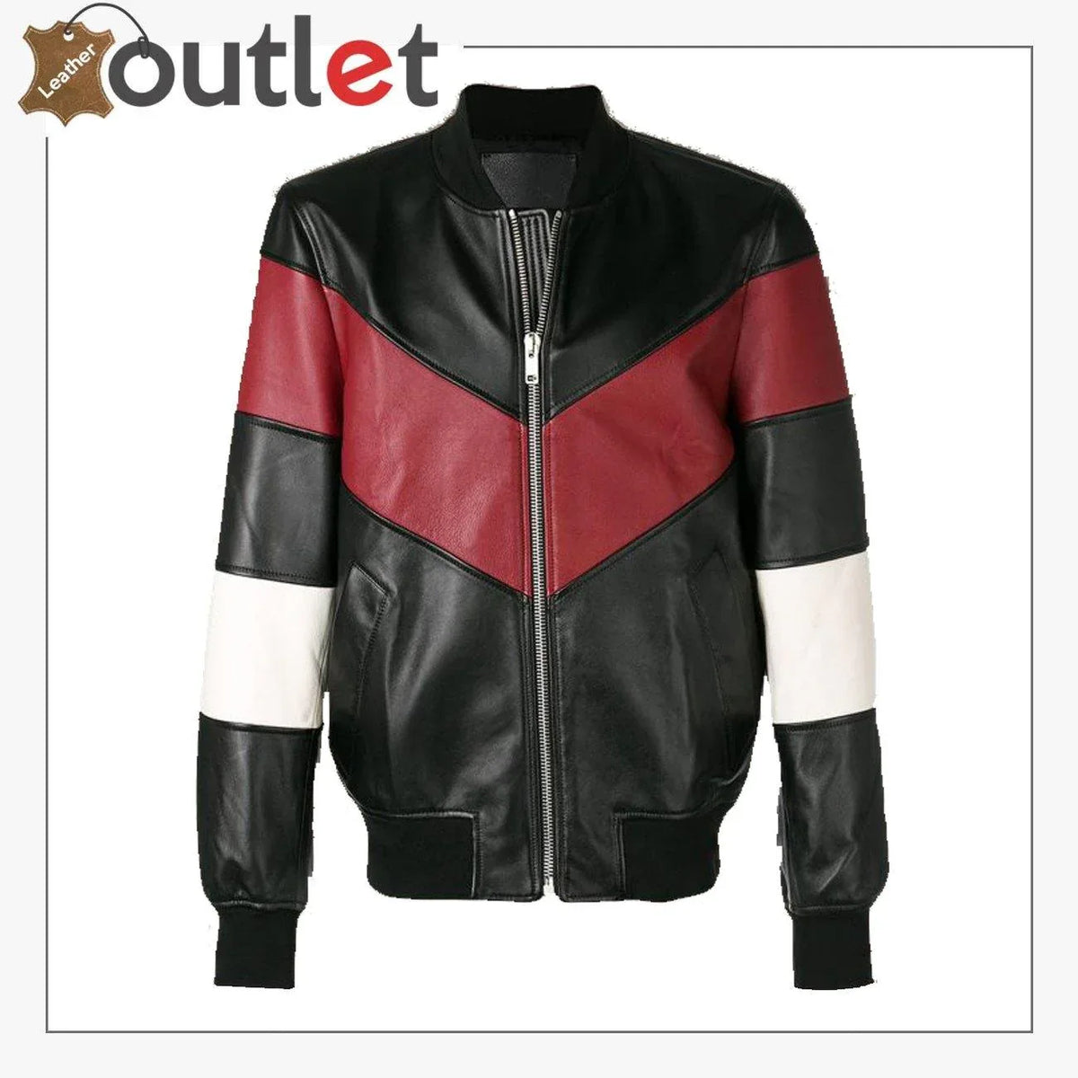 Men chevron stripe leather bomber jacket, front view