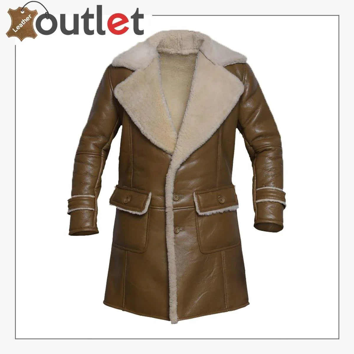 Men brown shearling leather trench coat, front view