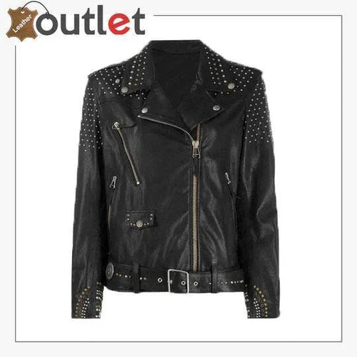 Black leather silver studded biker jacket, front view