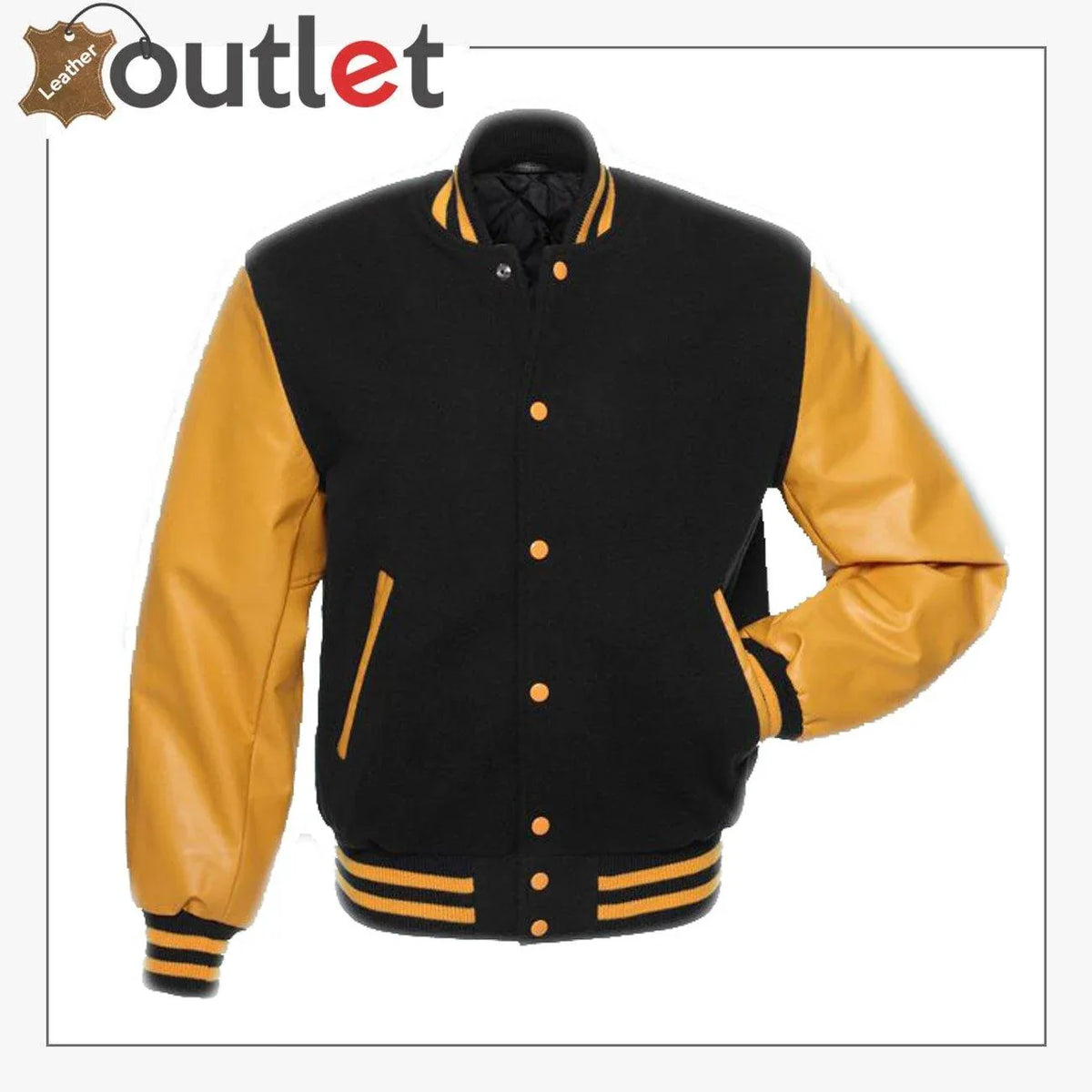 Black and gold varsity jacket with leather sleeves, front view
