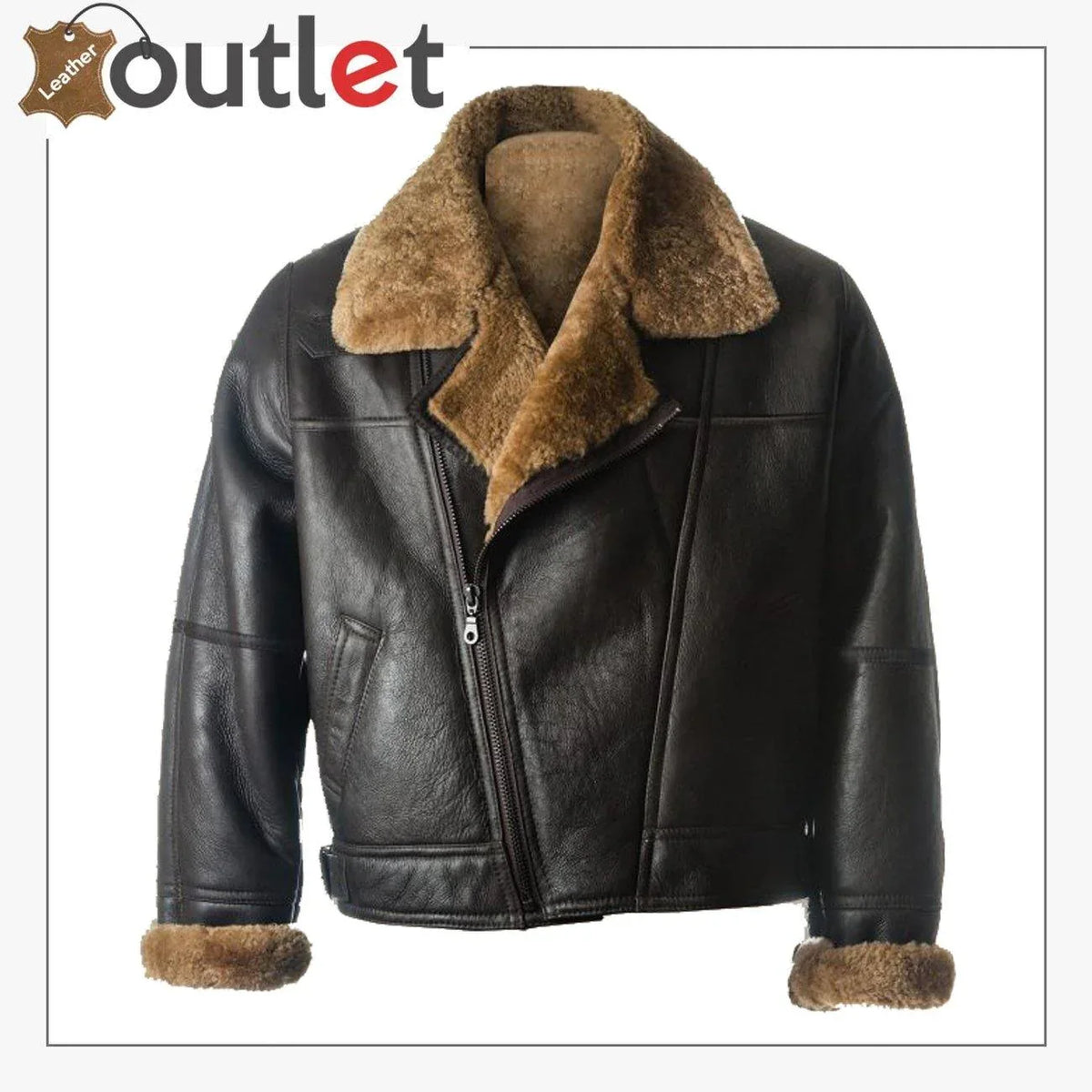 Men black B3 sheepskin jacket with shearling collar, front view