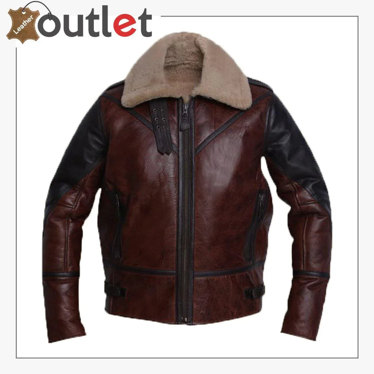 Men umber brown shearling jacket, front view