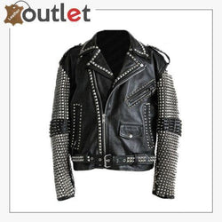 Handmade mens black punk studded leather biker jacket with hand set studs