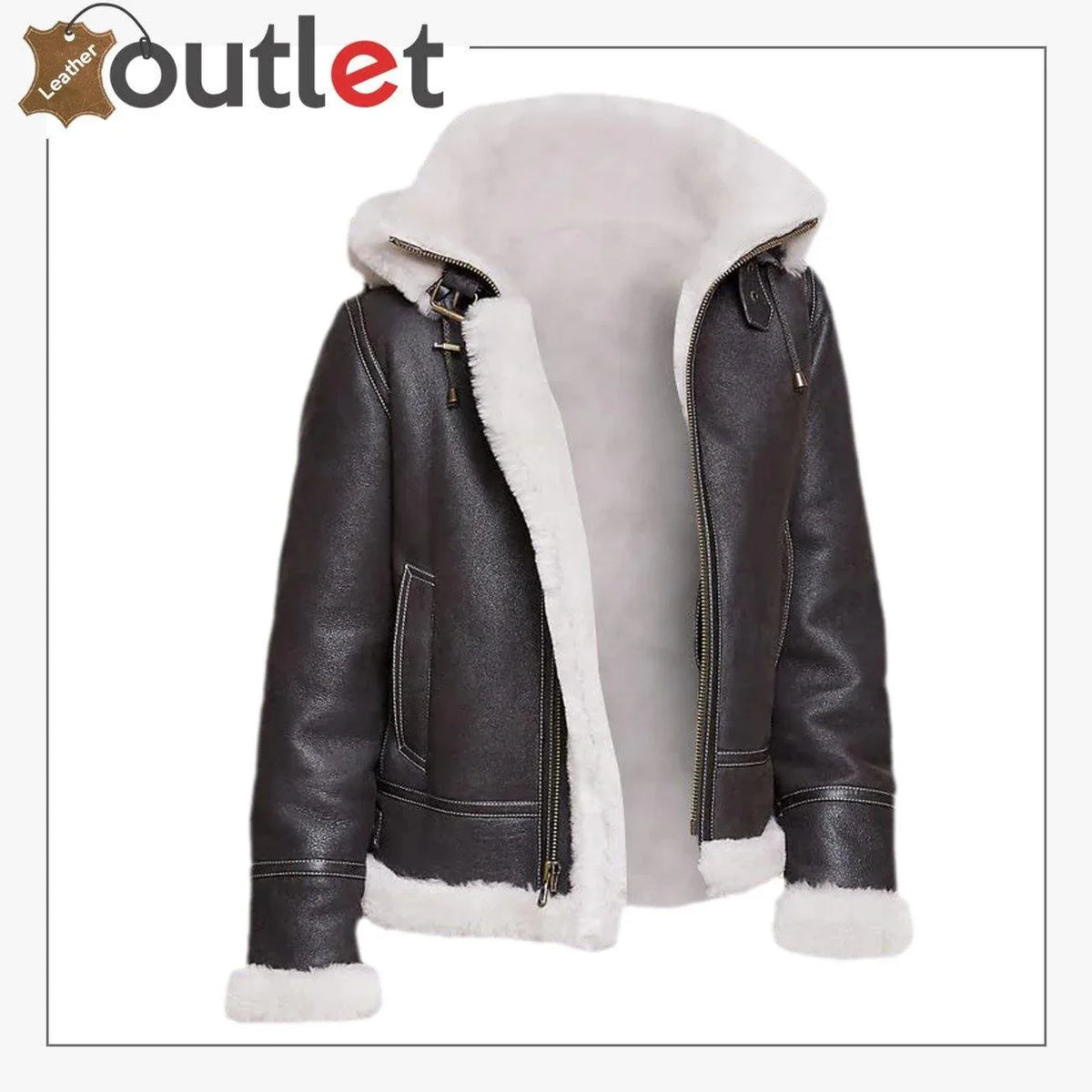 Men black shearling leather jacket with hood, front view