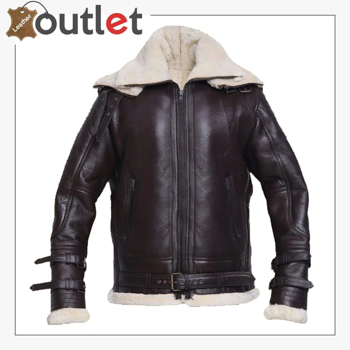 Men jet black shearling sheepskin jacket, front view