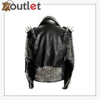 Front panel studding on a long black leather punk coat