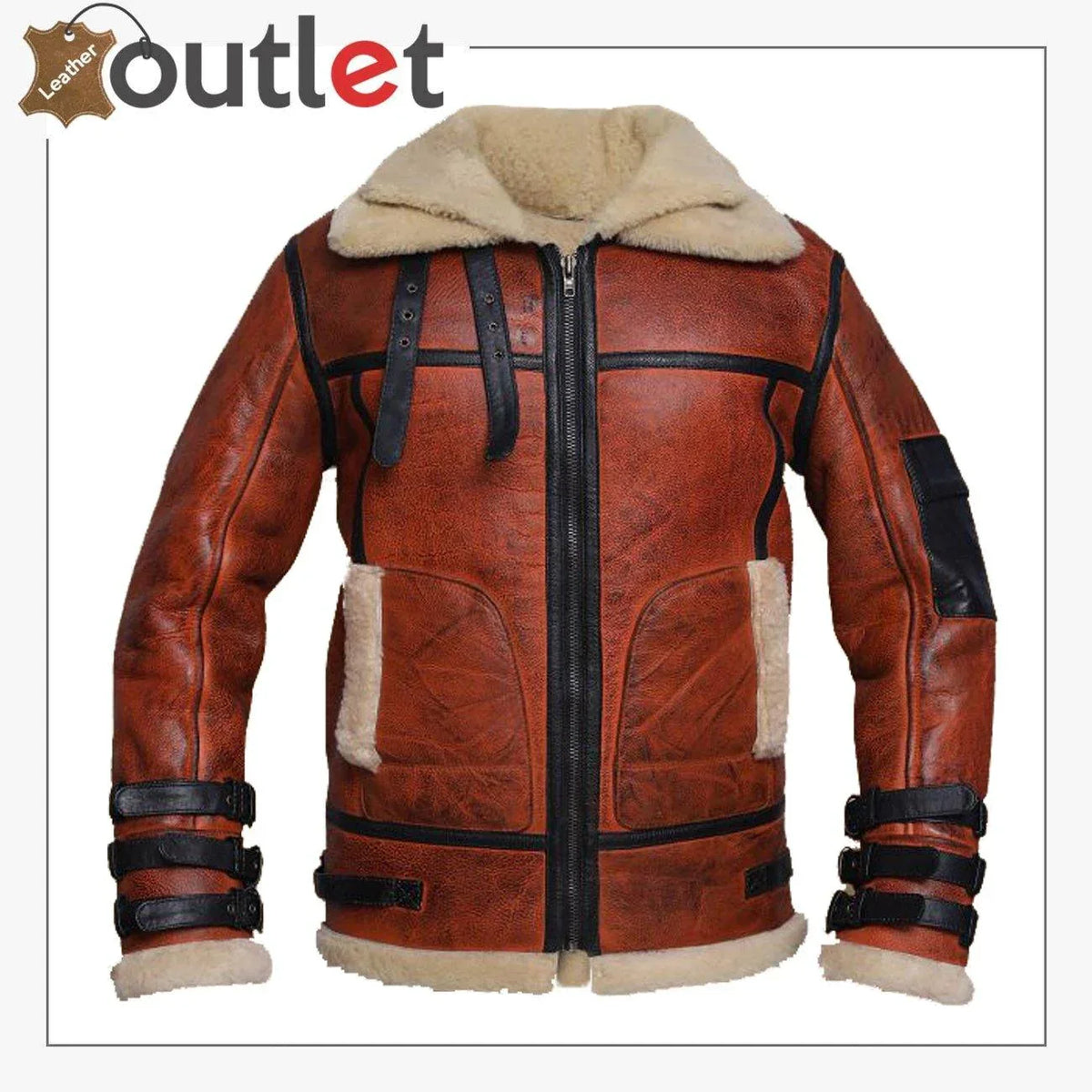 Women distressed brown shearling leather jacket, front view