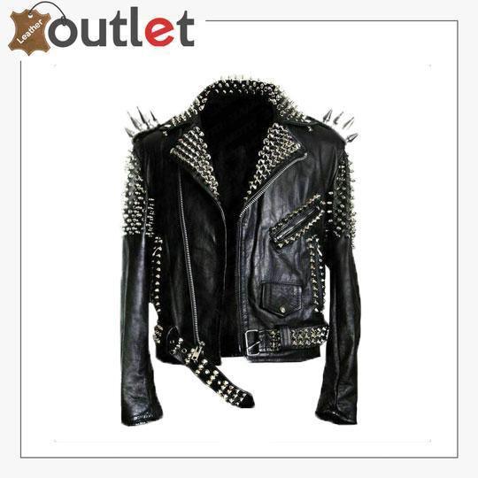 Handmade long studded punk leather jacket for men in black hide