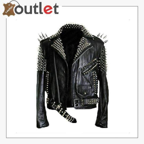 Handmade Mens Black Fashion Long Studded Punk Style Leather Jacket