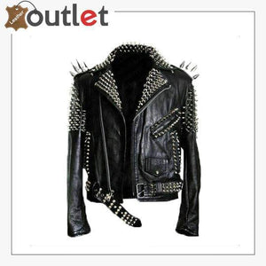 Handmade Mens Black Fashion Long Studded Punk Style Leather Jacket