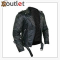 Handmade black punk studded leather jacket with mixed cone and pyramid studs