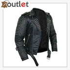 Handmade black punk studded leather jacket with mixed cone and pyramid studs