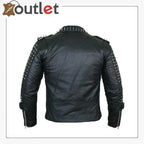 Mixed stud shapes on the shoulder of a black leather punk jacket