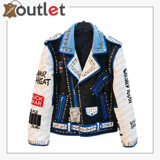 Handmade Mens Fashion Studded Punk Style blue and white Leather Jacket
