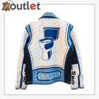 Studs set along the blue and white colour join on a leather jacket