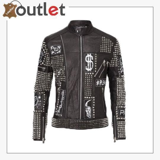 Handmade mens black studded punk leather jacket in real hide
