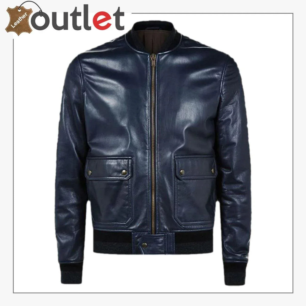 Men navy blue leather bomber jacket, front view