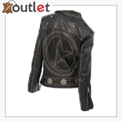 Silver studded black leather biker jacket, back view