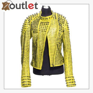New Handmade Women's Yellow Fashion Studded Punk Style Leather Jacket