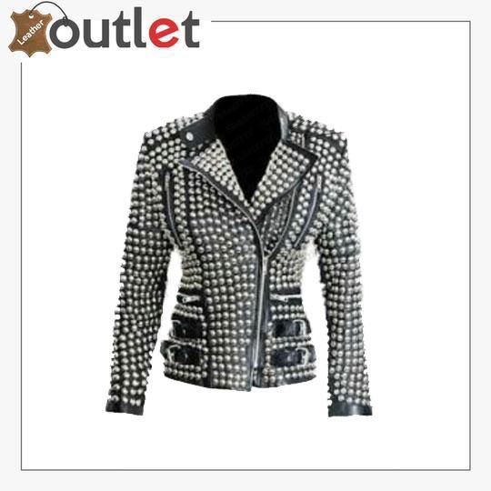 Handmade womens black leather jacket with golden studs and shaped fit