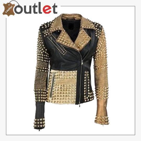 Handmade womens golden studded punk leather jacket in black hide