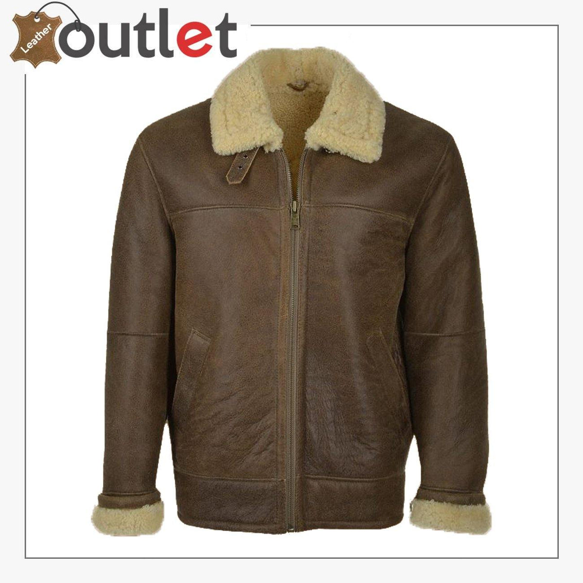 Men brown aviator shearling leather jacket, front view