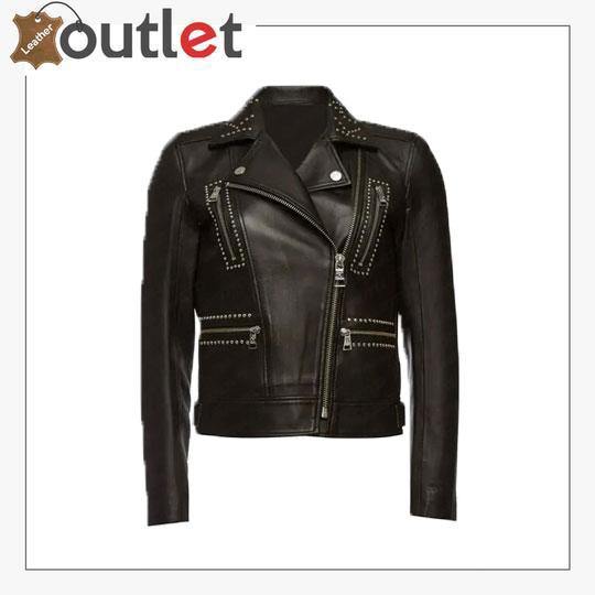 Embellished studded leather biker jacket, front view