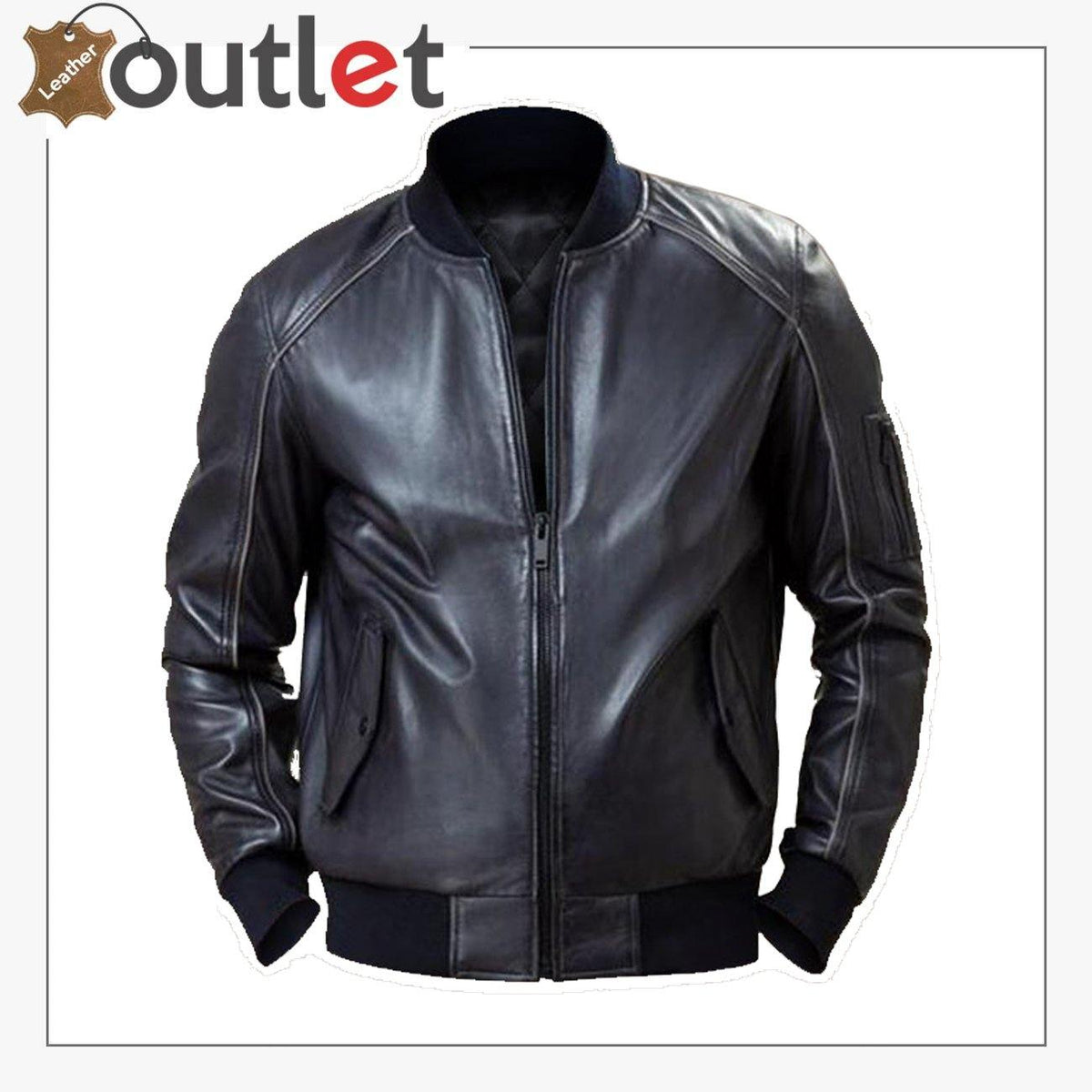 Mens black lined leather bomber jacket, front view