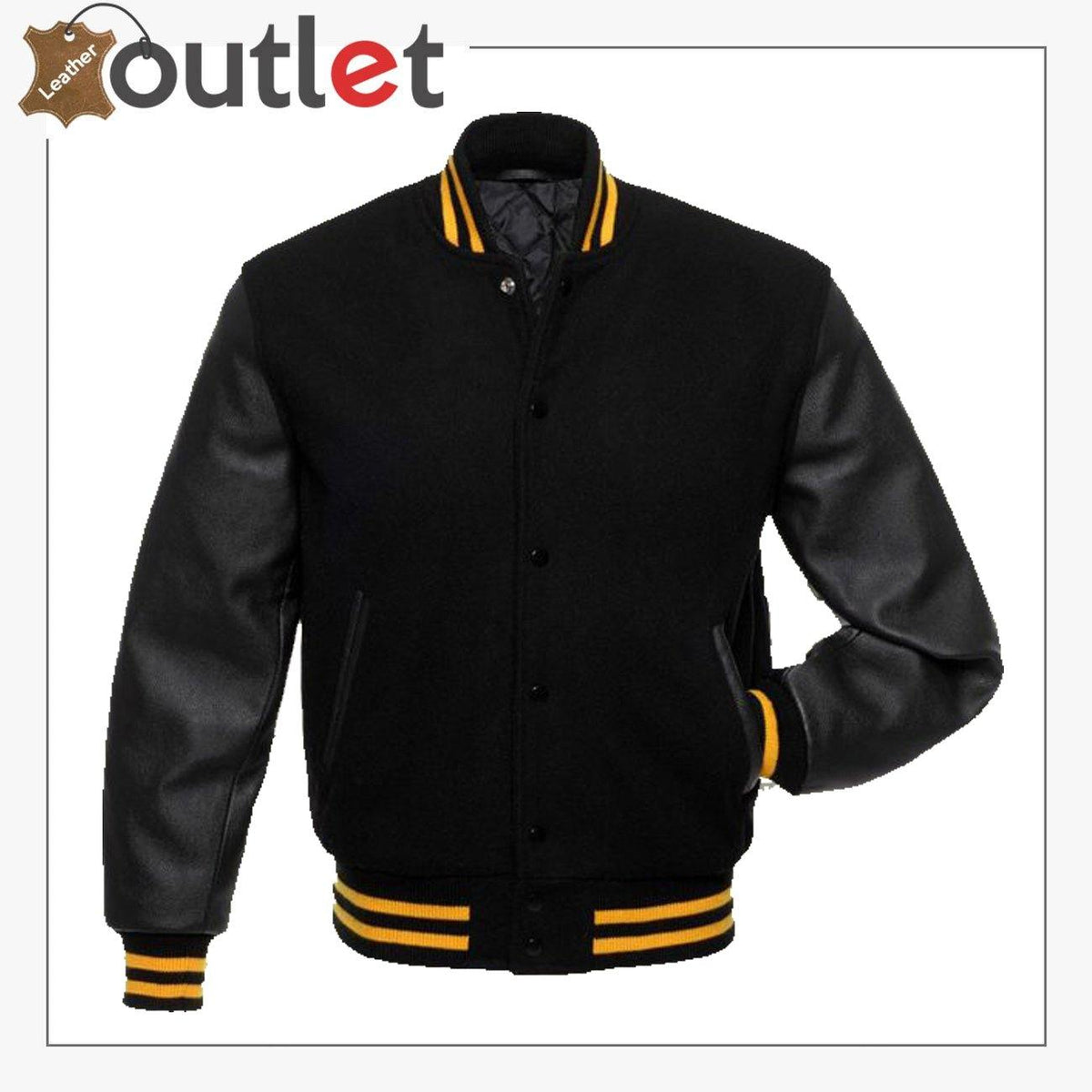 Jet black wool varsity jacket with leather sleeves, front view
